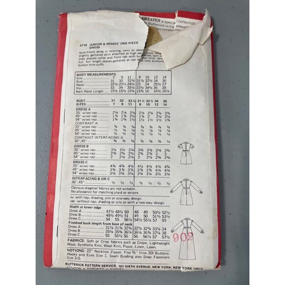 60s Butterick 5718 Sewing Pattern Size 12 Junior One Piece Dress Vintage CUT - Picture 3 of 6
